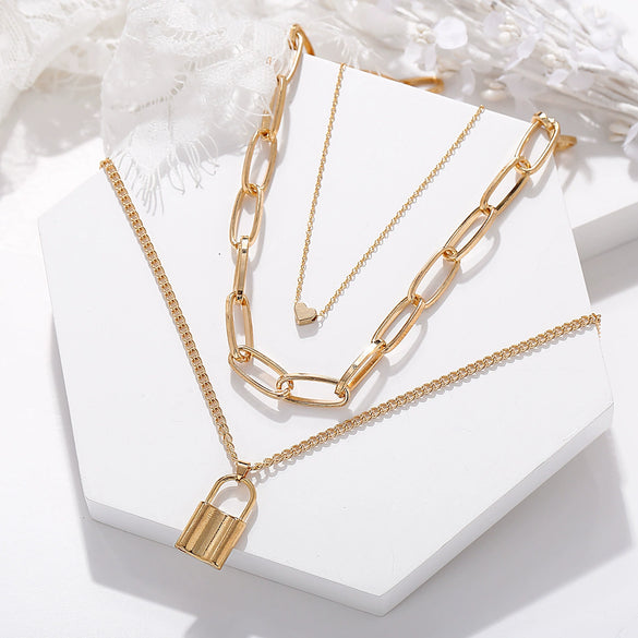 Alloy Simple Peach Lock Pendant Necklace Creative Retro Multilayer With Electroplating