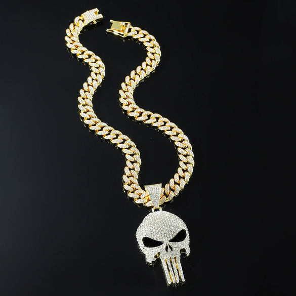 Alloy Skull Pendant Diamond Cuban Chain Men's Hip Hop Jewelry With Geometric Pattern