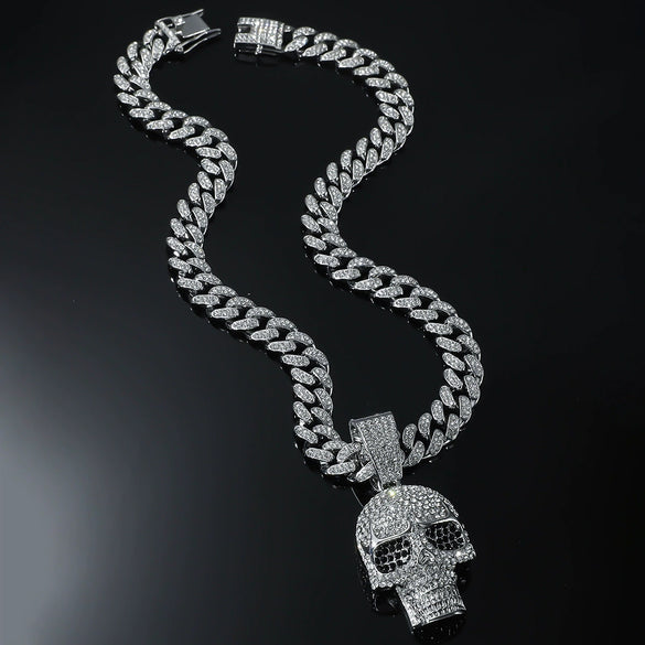 Alloy Skull Pendant Necklace With Diamond Hiphop Style