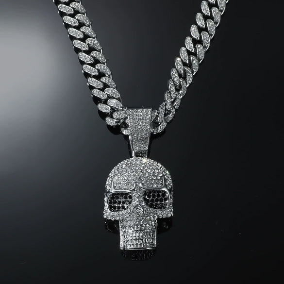Alloy Skull Pendant Necklace With Diamond Hiphop Style