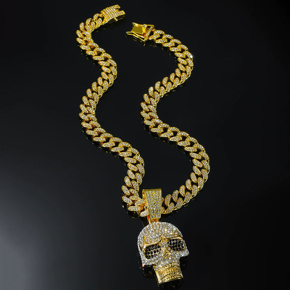 Alloy Skull Pendant Necklace With Diamond Hiphop Style