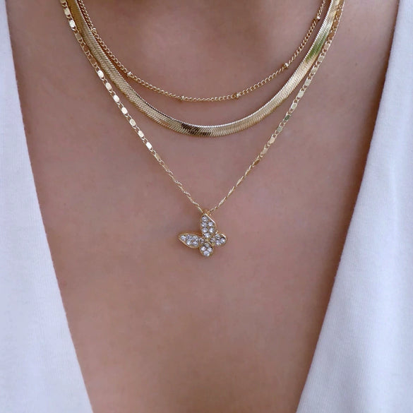 Alloy Snake Bone Chain With Retro Diamond Butterfly Pendant And Mixed Gem Inlay