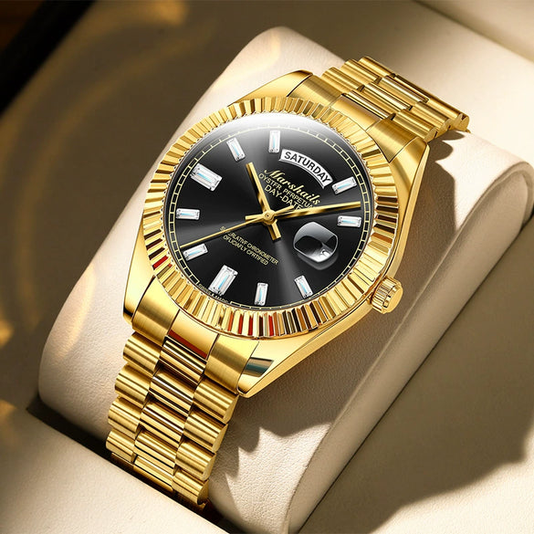 Alloy Solid Steel Band Automatic Hollow Fake Mechanical Couple Watches With Luminous Calendar Waterproof Round Dial Business Style