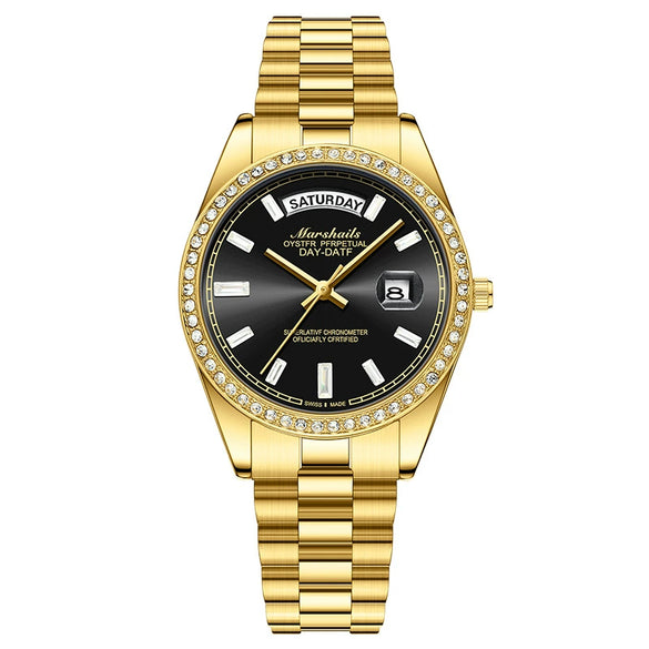 Alloy Solid Steel Band Automatic Hollow Fake Mechanical Couple Watches With Luminous Calendar Waterproof Round Dial Business Style