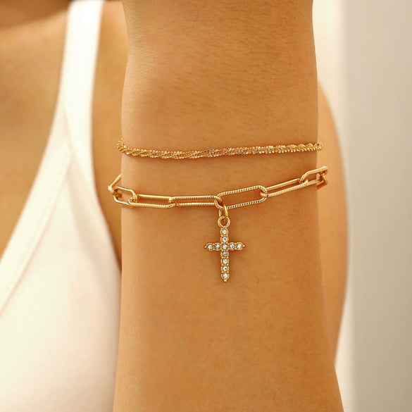 Alloy Sparkling Water Wave Chain Necklace Bracelet With Cross Crown Roman Numerals Pendant Electroplated Women's Jewelry