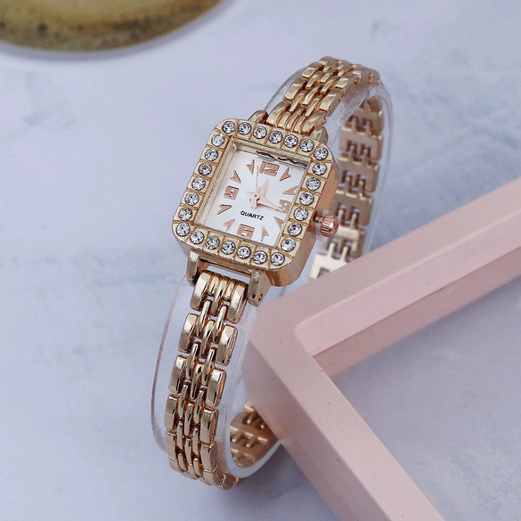 Alloy Square Bracelet Watch For Ladies Tweed Style Single Folding Buckle Rose Gold Buckle Ordinary Glass Mirror Spiral Crown