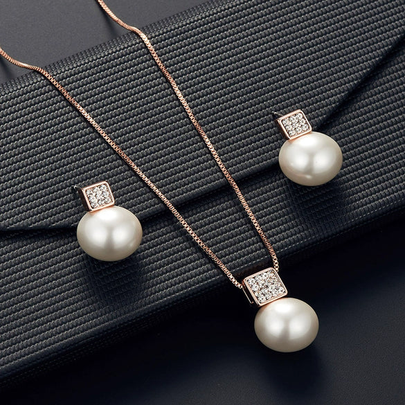 Alloy Square Pearl Jewelry Set With Diamond Inlaid For Women