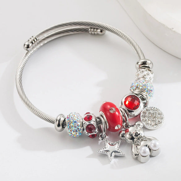 Alloy Stainless Steel Bear Star Round Bracelet Set With Diamonds Simple Style Unisex