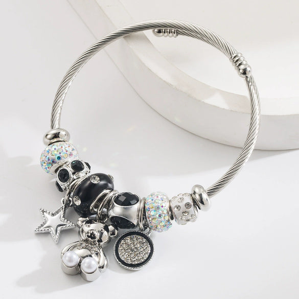 Alloy Stainless Steel Bear Star Round Bracelet Set With Diamonds Simple Style Unisex