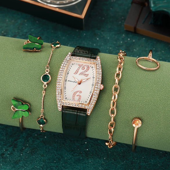 Alloy Stainless Steel Square Rhinestone Quartz Watch And Butterfly Diamond Bracelet Set For Ladies
