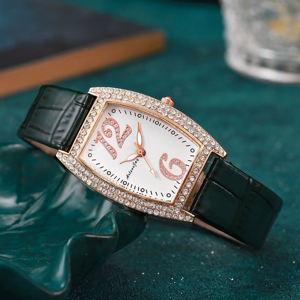 Alloy Stainless Steel Square Rhinestone Quartz Watch And Butterfly Diamond Bracelet Set For Ladies