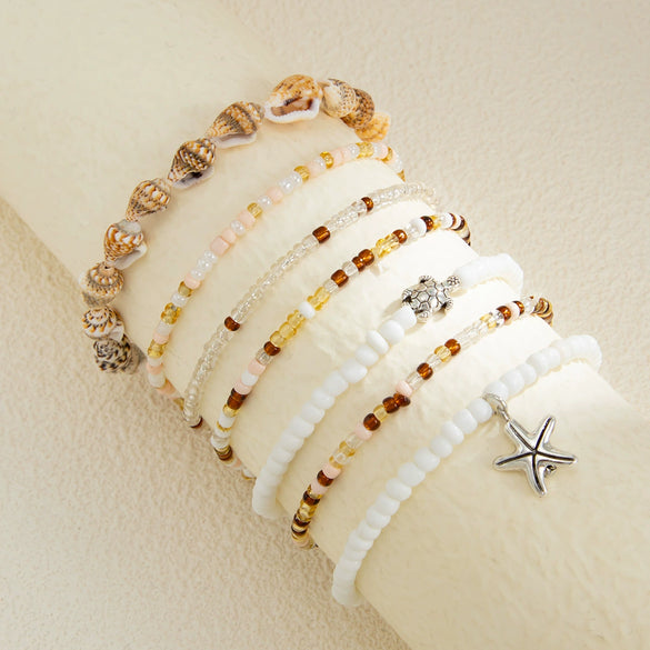 Alloy Starfish Pendant Shell Anklet Vacation Style Beaded Ankle Chain Set For Women