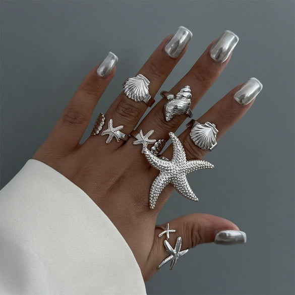 Alloy Starfish Scallop Shell Imitation Pearl Ring Set Electroplated For Women Minimalist Style