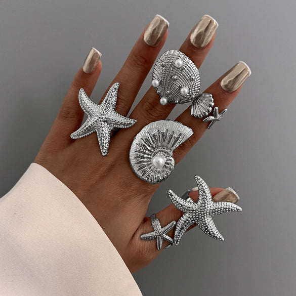 Alloy Starfish Scallop Shell Imitation Pearl Ring Set Electroplated For Women Minimalist Style