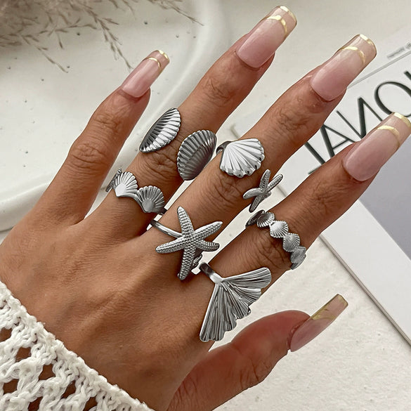 Alloy Starfish Scallop Shell Imitation Pearl Ring Set Electroplated For Women Minimalist Style