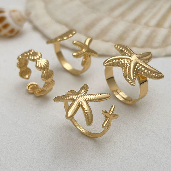 Alloy Starfish Scallop Shell Imitation Pearl Ring Set Electroplated For Women Minimalist Style