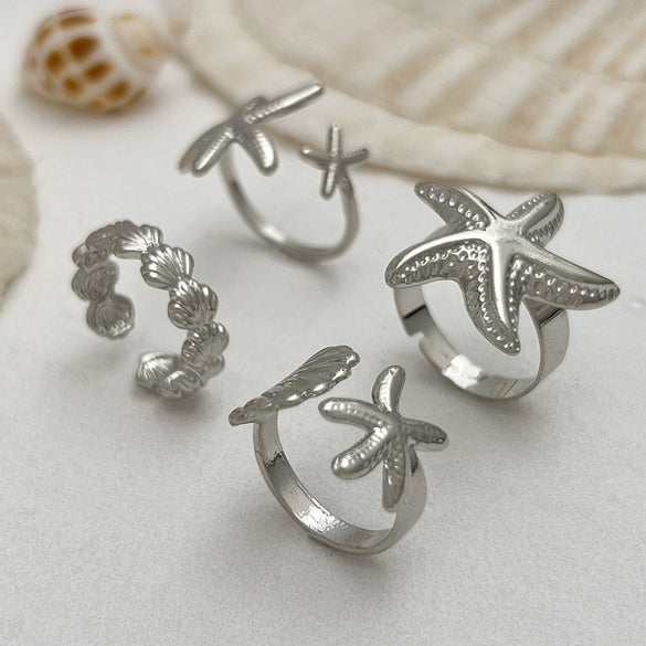 Alloy Starfish Scallop Shell Imitation Pearl Ring Set Electroplated For Women Minimalist Style
