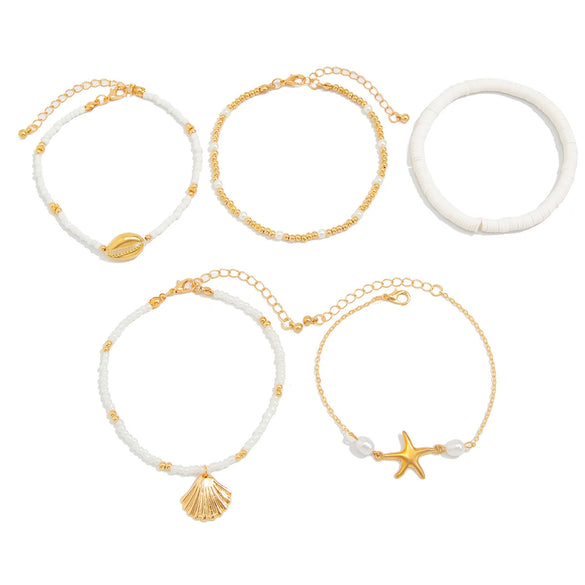 Alloy Starfish Shell Pendant Anklet Set With Imitation Pearl Rice Beads And Soft Clay Women's Fashion Foot Accessories