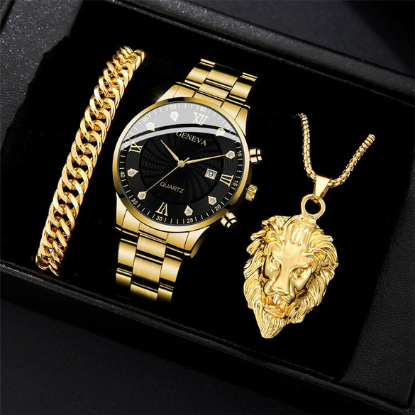 Alloy Steel Rhinestone Inlaid Men's Watch Bracelet Lion Jewelry Set With Horseshoe Buckle
