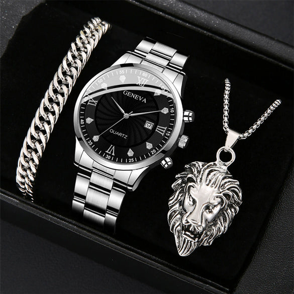 Alloy Steel Rhinestone Inlaid Men's Watch Bracelet Lion Jewelry Set With Horseshoe Buckle