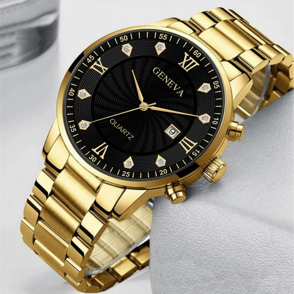 Alloy Steel Rhinestone Inlaid Men's Watch Bracelet Lion Jewelry Set With Horseshoe Buckle