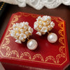 Alloy Stud Earrings With Inlaid Zircon Pearl Ball Flower Pattern Light Luxury Style For Women