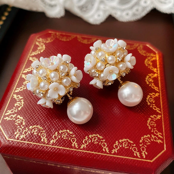 Alloy Stud Earrings With Inlaid Zircon Pearl Ball Flower Pattern Light Luxury Style For Women
