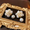Alloy Stud Earrings With Inlaid Zircon Pearl Ball Flower Pattern Light Luxury Style For Women