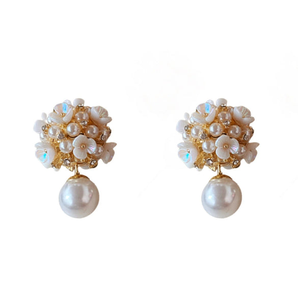 Alloy Stud Earrings With Inlaid Zircon Pearl Ball Flower Pattern Light Luxury Style For Women