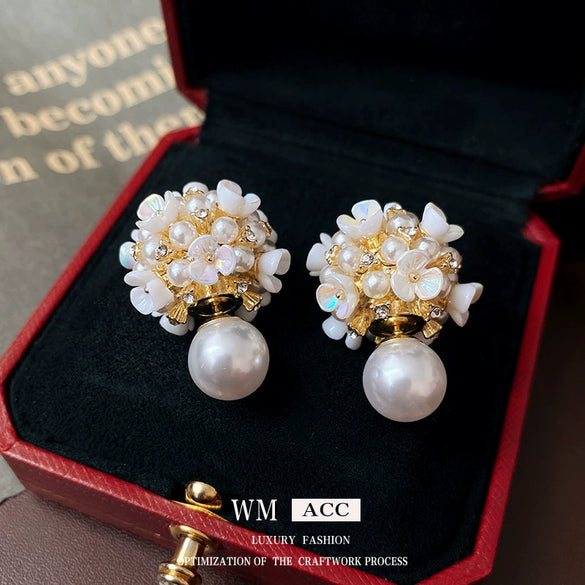 Alloy Stud Earrings With Inlaid Zircon Pearl Ball Flower Pattern Light Luxury Style For Women
