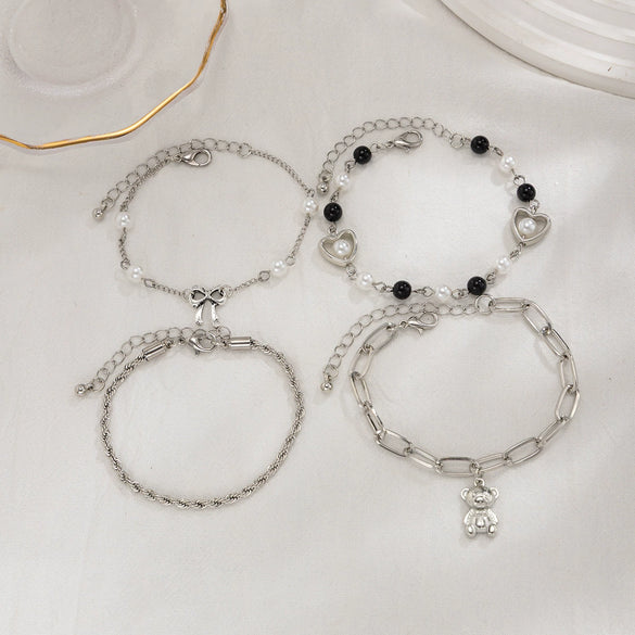 Alloy Sweet Cute Bear Bow Pendant Bracelet With Heart And Star Shapes And Electroplating