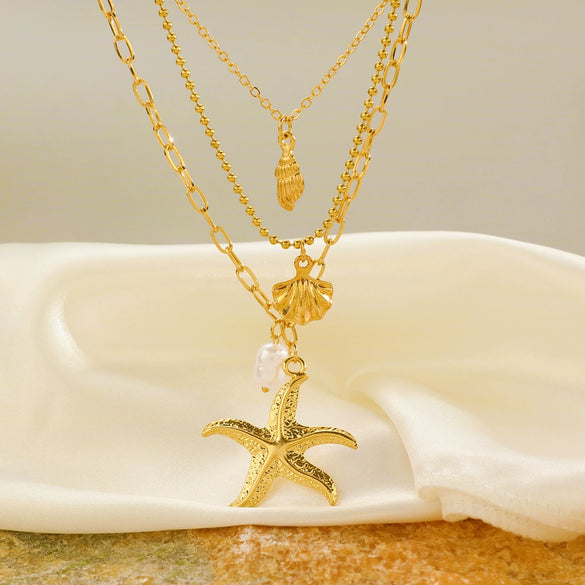 Alloy Three Layer Pearl Starfish Pendant Necklace With Animal And Zodiac Shapes Electroplated For Girls