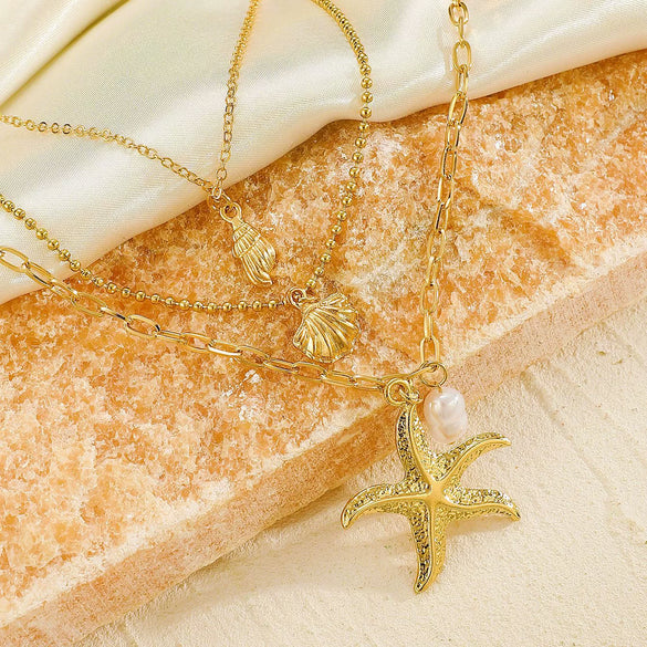 Alloy Three Layer Pearl Starfish Pendant Necklace With Animal And Zodiac Shapes Electroplated For Girls
