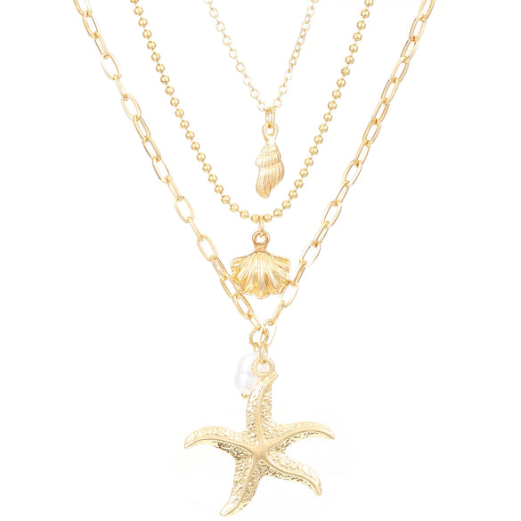 Alloy Three Layer Pearl Starfish Pendant Necklace With Animal And Zodiac Shapes Electroplated For Girls