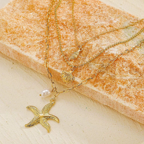 Alloy Three Layer Pearl Starfish Pendant Necklace With Animal And Zodiac Shapes Electroplated For Girls