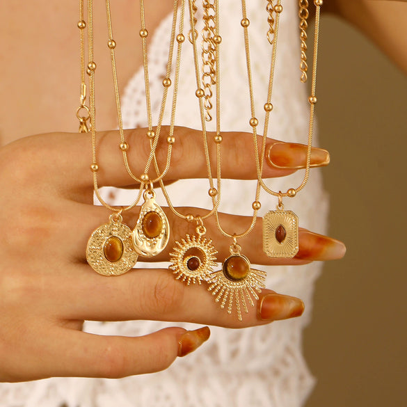 Alloy Tiger Eye Stone Geometric Retro Necklace For Women
