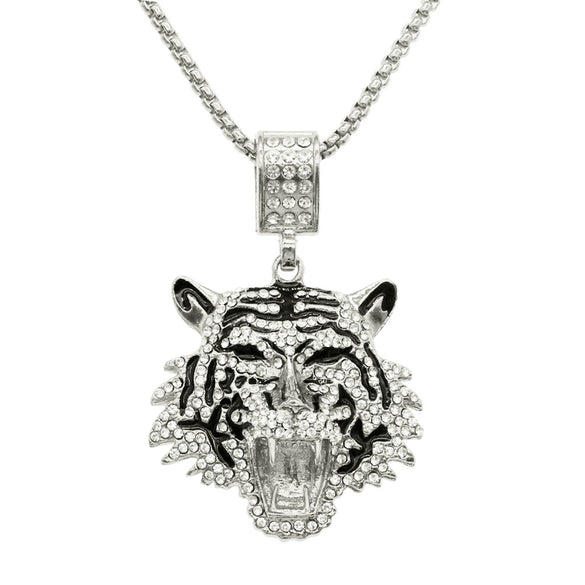 Alloy Tiger Head Pendant Necklace With Diamond Square Pearl Chain Styling Of Animals And Zodiac