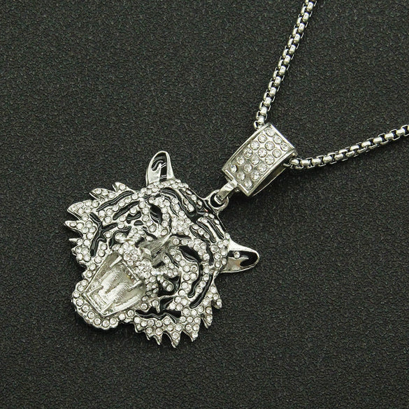 Alloy Tiger Head Pendant Necklace With Diamond Square Pearl Chain Styling Of Animals And Zodiac