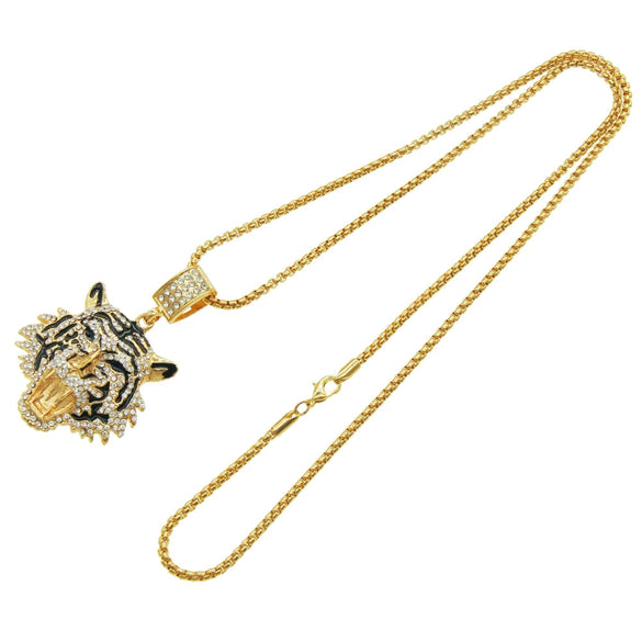 Alloy Tiger Head Pendant Necklace With Diamond Square Pearl Chain Styling Of Animals And Zodiac