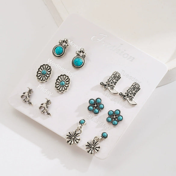 Alloy Turquoise Geometric Flower Bull Head Pony Earrings For Women Electroplated