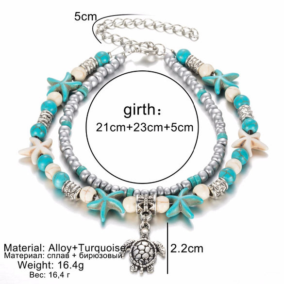 Alloy Turquoise Turtle Shell Starfish Pendant Anklet Geometric Retro Multilayer Unisex Beach Footwear