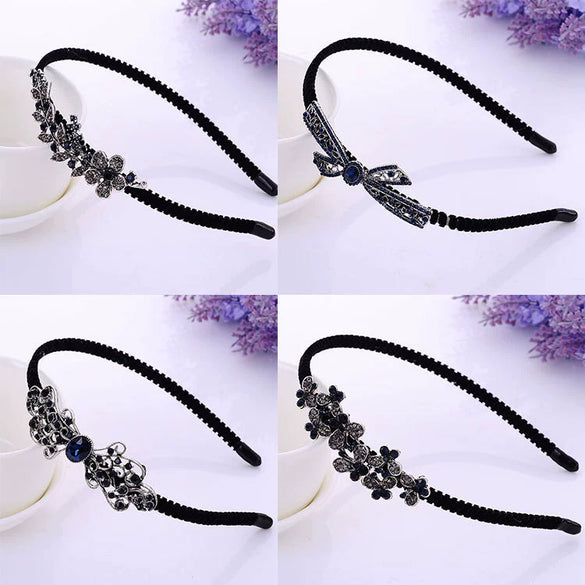 Alloy Velvet Nonslip Crystal Retro Bow Headband With Rhinestones For Women Electroplated Hair Accessories