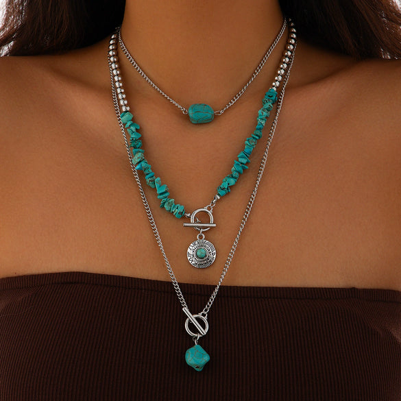 Alloy Vintage Imitation Turquoise Cow Head Beaded Clavicle Necklace With Geometric And Animal Patterns Electroplated