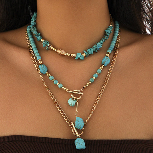 Alloy Vintage Imitation Turquoise Cow Head Beaded Clavicle Necklace With Geometric And Animal Patterns Electroplated