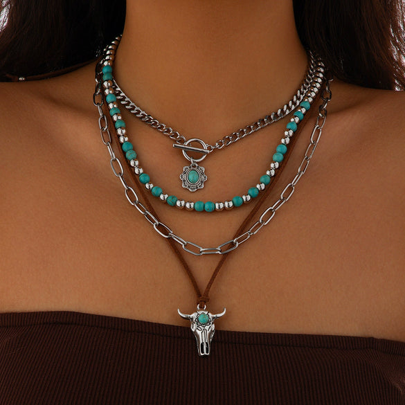 Alloy Vintage Imitation Turquoise Cow Head Beaded Clavicle Necklace With Geometric And Animal Patterns Electroplated
