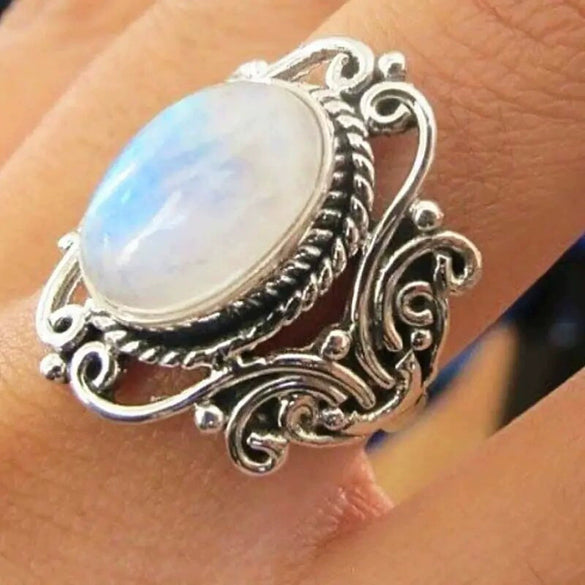 Alloy Vintage Inlay Imitation Moonstone Women's Ring Geometric Hollow Carved Electroplated