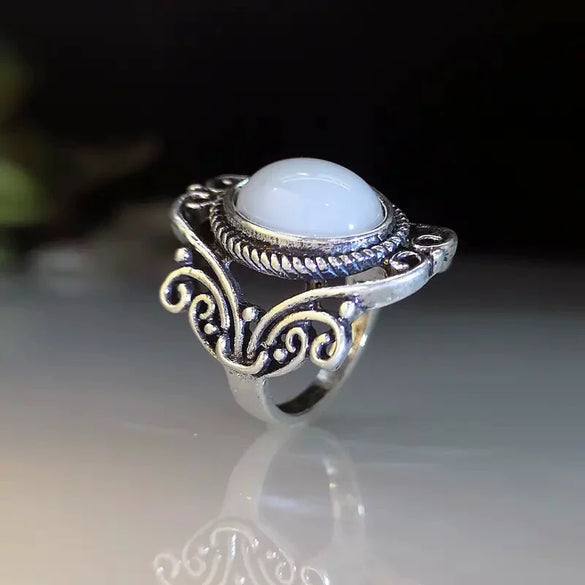 Alloy Vintage Inlay Imitation Moonstone Women's Ring Geometric Hollow Carved Electroplated