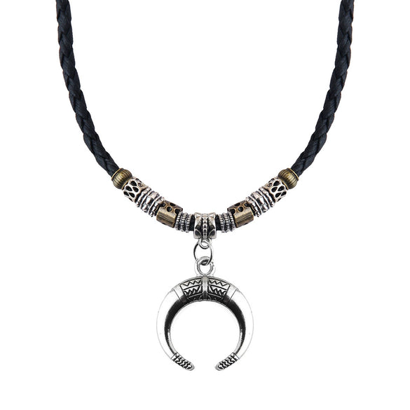 Alloy Vintage Necklace With Crescent Pendant Geometric Pattern Electroplated Beaded Woven Rope Sweater Chain Unisex