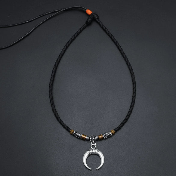 Alloy Vintage Necklace With Crescent Pendant Geometric Pattern Electroplated Beaded Woven Rope Sweater Chain Unisex