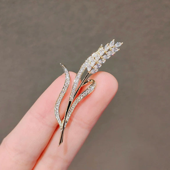 Alloy Wheat Ear Flower Brooch For Women With Electroplating Design
